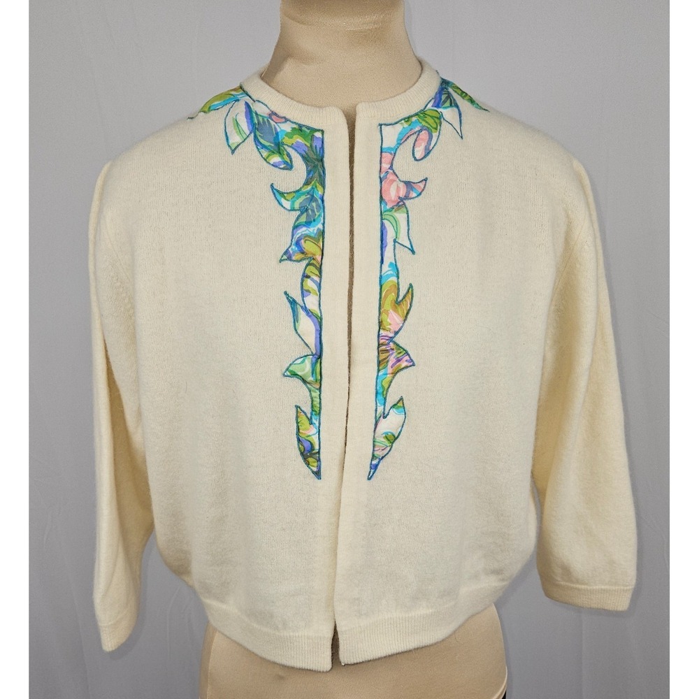 VTG 50s 60s Lambswool Angora Cardigan Sweater ILGWU Cream Pucci Trim
